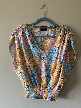 Week& Multicolor Abstract Print V-Neck Blouse - Pink, Blue, Yellow 🆕
